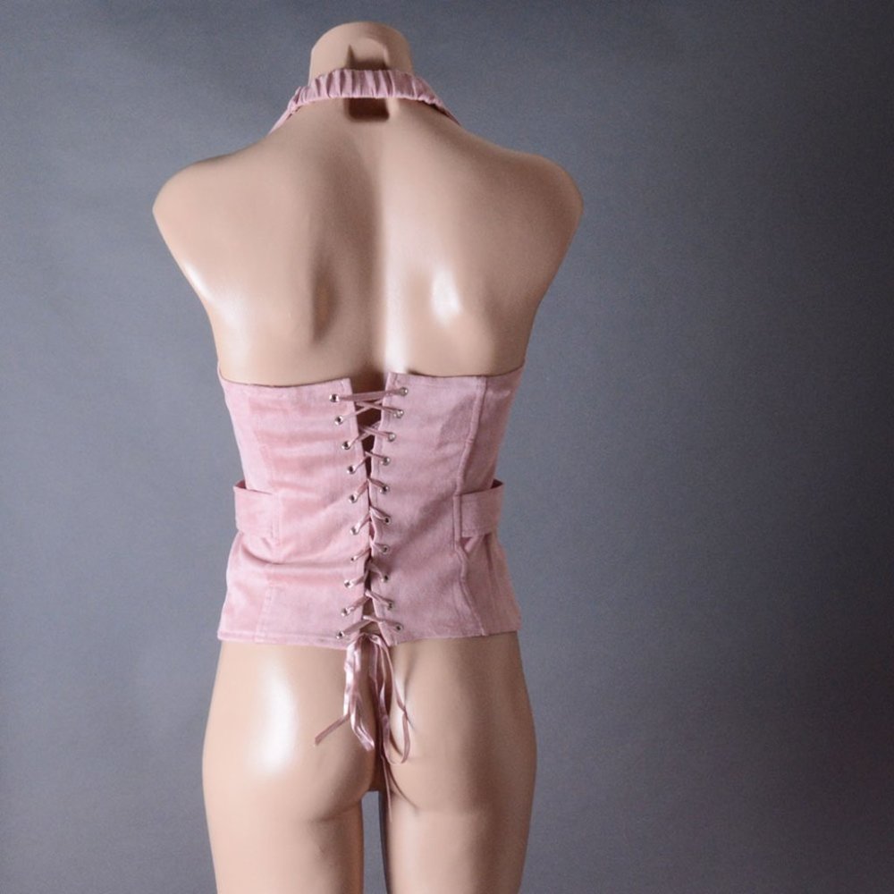 Pink Faux Suede Underbust Waistcoat Steampunk Vest Fitted Goth Womens Corset Top - Picture 4 of 7